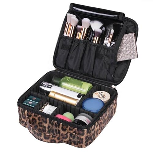 Uongeod Travel Makeup Bag Leopard Print PU Leather Cosmetic Makeup Bag Organizer case with Adjustable Dividers for Women