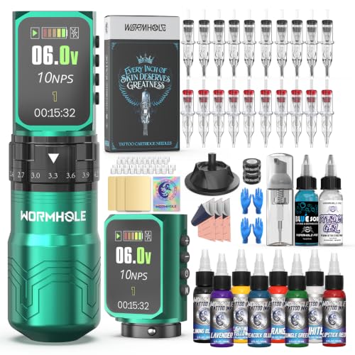 Wireless Tattoo Power Supply Kit with 2 Batteries & 8 Ink Colors - Green Variation