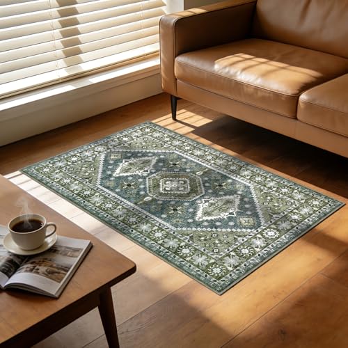 Washable Rug 2x3 Feet Vintage Distressed Living Room Bedroom Floor Carpet with Non-Slip Rubber Back