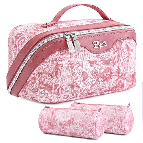 BOYATU Travel Makeup Bag for Women: Large Capacity Make up Bag with Compartments - Vegan Leather Cosmetic Bag set of 3 - Waterproof Toiletry Bag with Handle & Divider(E-4-Pink)
