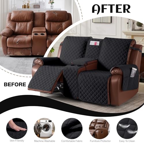 KinCam Waterproof Loveseat Recliner Cover Black 2 Seater with Console