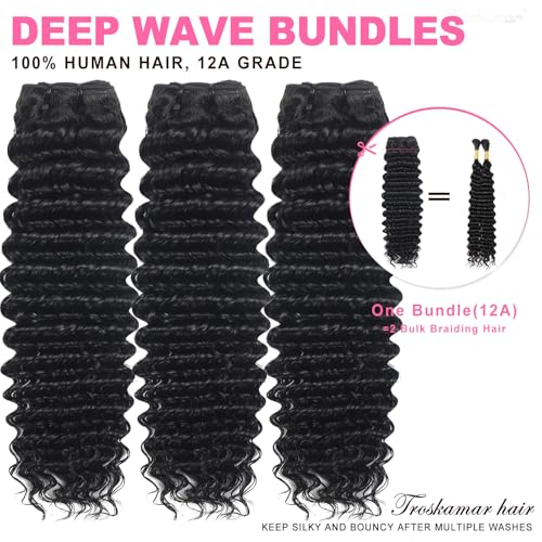 Deep Wave Human Hair Bundles - 16 Inch Natural Black, 12A Virgin Indian Wavy Weave