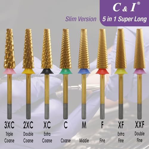 C&I 5 in 1 Nail Drill Bit Super Long Slim Efile Professional Nail Bits Nail Tech Must Have for Extension Nails Acrylic Powder Hard Gel Nail Tip Cuticle Remover Nail Supplies (Double Fine -XXF)
