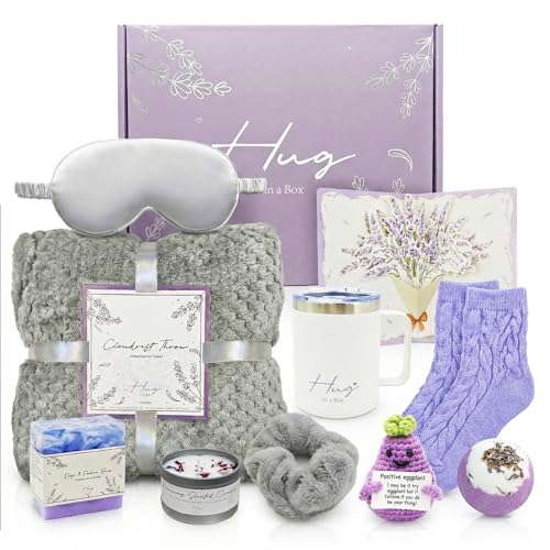Birthday Gifts for Women - Lavender Spa Gift Basket for Birthday, Get Well Soon, Sympathy - Hug in a Box with Insulated Mug for Mom, Her, Friend, Sister, Wife - Purple & Grey