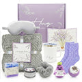 Birthday Gifts for Women - Lavender Spa Gift Basket for Birthday, Get Well Soon, Sympathy - Hug in a Box with Insulated Mug for Mom, Her, Friend, Sister, Wife - Purple & Grey