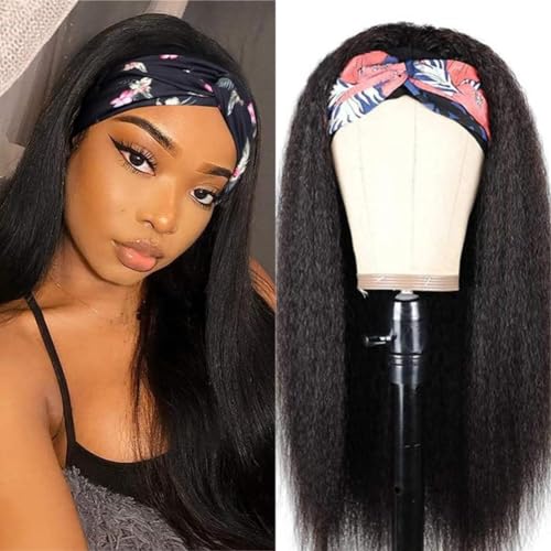 Vanmast 16 Inch Human Hair Headband Wig with 180% Density Kinky Straight Black for Black Women
