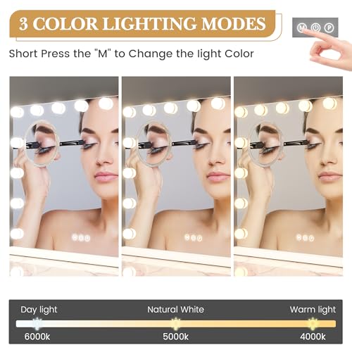 GAOMON Vanity Mirror with Lights, Lighted Mirror with 15 Dimmable LED Bulbs, Makeup Mirror with 3X Magnification, 3 Colors Modes,Touch Control, Metal Frame,White