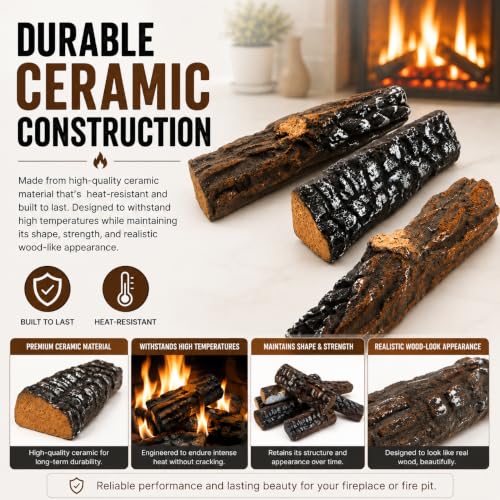 Barton Realistic Style 10-Piece Ceramic Gas Fireplace Log Set - Indoor & Outdoor Vented Fireplaces
