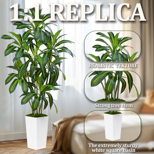 Artificial Dracaena Tree 7Ft Tall with White Planter - Real Touch Indoor Outdoor Decor