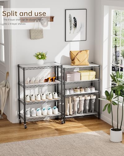 Adjustable 8-Tier Metal Wire Shelving Storage Rack - Black, 12" D x 22" W x 72" H