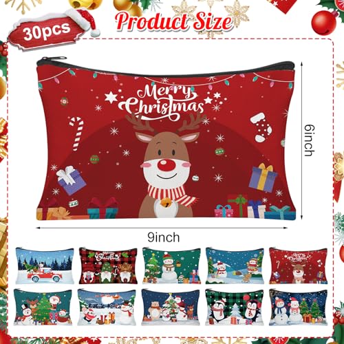 30Pcs Christmas Makeup Bags Canvas Cosmetic Bags with Zipper Portable Santa Gnomes Snowman Xmas Canvas Gift Bag Goodie Bag Travel Toiletry Pouch for Women Holiday Present Xmas Party Gift