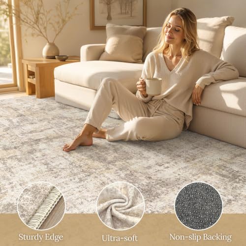 Beige 9x12 Area Rug for Living Room - Washable Soft Abstract Floor Cover