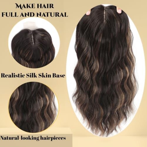 Hair Topper for Women 20 Inch Dark Brown with Brown Highlights Thinning Hair Volumizer Clip-In