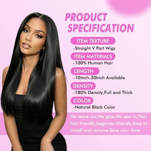 18 Inch V Part Human Hair Wig - Natural Black, Bone Straight, No Sew Glue-Free, Clip-In Half Wig for Black Women