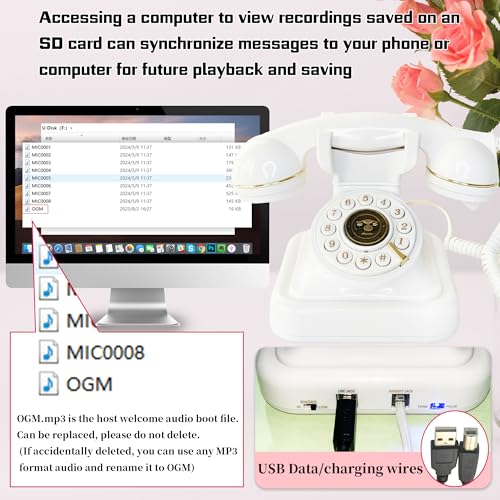 FiayaCom Audio Guest Book Wedding Phone with One-Touch Playback & Adjustable Volume (White S)