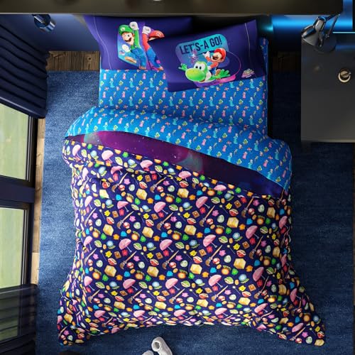 Super Mario Galaxy Movie Bedding Set - Twin Reversible Comforter & Sheet Set, Kids Officially Licensed