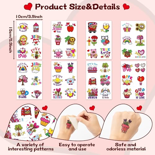ANGOLIO 24 Valentine's Day Religious Temporary Tattoos for Kids Cartoon Love Heart Exchange Gifts Stickers Boys Girls Christian Valentine School Party Favors Tattoos for Class Prizes Carnival Rewards