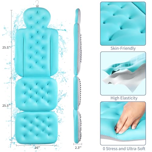 Blue Full Body Bath Cushion with 160 Suction Cups - 51 x 16 inches, Spa-Style Bathtub Pillow with Neck & Head Support, Luxury Bath Mat, Gift Idea