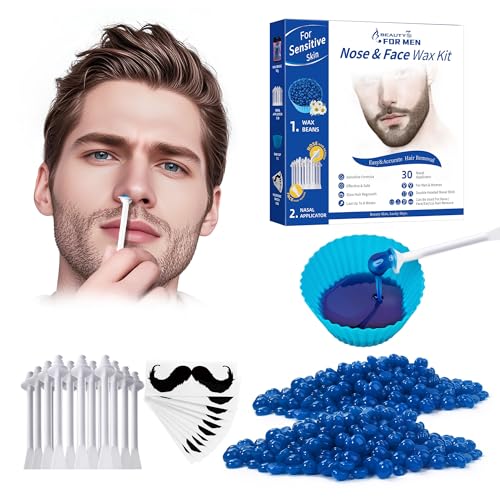 Beauty7 Nose Wax Kit for Men, 50g Waxing Beads, 30 Applicators, Face Wax Kit, Safe and Quick Waxing Kit, Nose Hair Removal, 10 Mustache Guards with Silicone Cup
