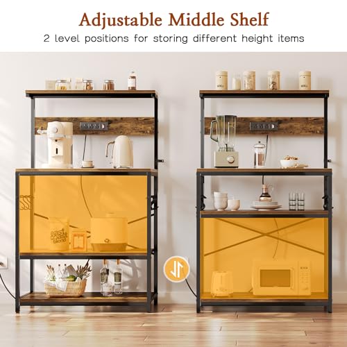 SUPERJARE 31.5 Inch Bakers Rack with Outlets & Microwave Stand, Rustic Brown with Adjustable Middle Shelf