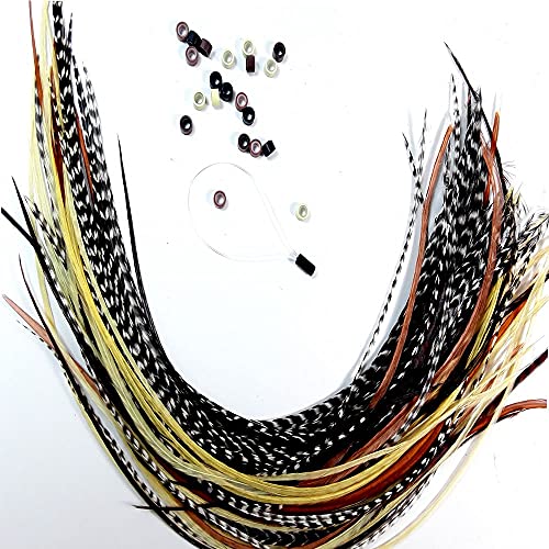 Rooster Feather Extensions Kit - 20 Real Feathers 8-11in with Micro Beads & Loop Tool
