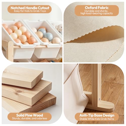 Kids Toy Storage Organizer with Bookshelf and Bins - Solid Pine Nursery Shelving
