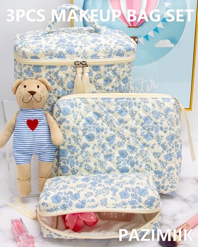 Flower Blue 3-Piece Quilted Makeup Bag Set for Women - Cosmetic & Toiletry Organizer