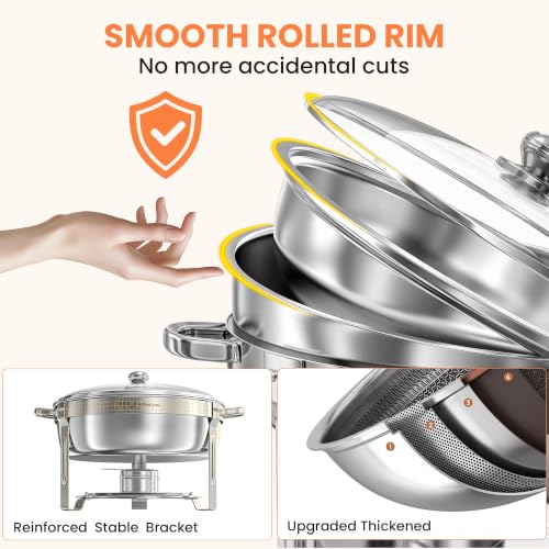 7QT Buffet Chafing Dishes Set - 2 Pack Silver Round Food Warmers with Glass Lids