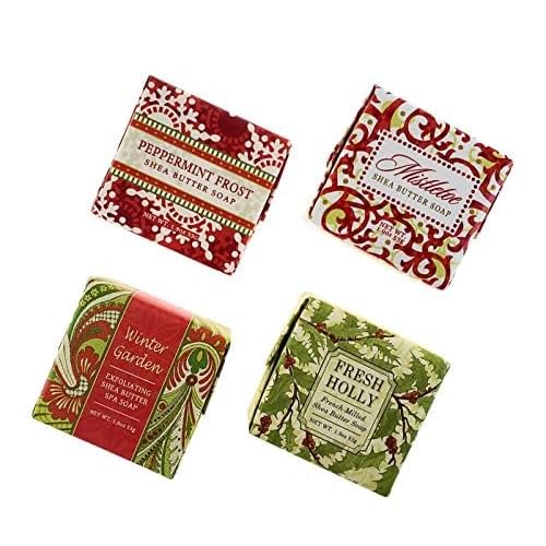 Christmas Soap Sampler- Set of 4 Scents- Mistletoe, Peppermint Frost, Winter Garden and Fresh Holly- Enriched with Shea Butter and Essential Oils- Ideal Basket Filler, Stocking Stuffer for Guests