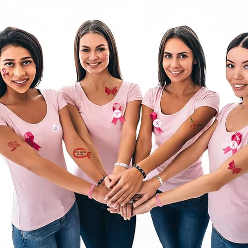 36 Pcs Breast Cancer Awareness Items Bulk, Pink Breast Cancer Awareness Accessories Decorations Include Breast Cancer Bracelets, Pins Buttons, Temporary Tattoo Stickers