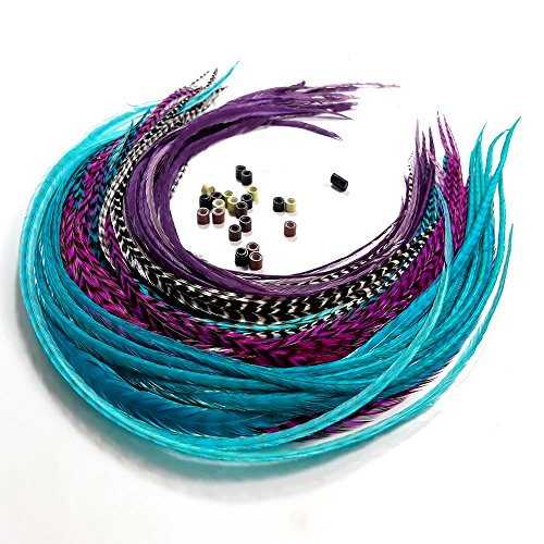 Genuine Rooster Feather Hair Extensions Set - 20 Long Colorful Feathers with Beads & Loop Tool Kit