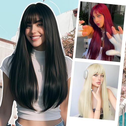 Black Long Straight Wig with Bangs 24 Inch Heat-Resistant Synthetic Cosplay & Party Wig - Black