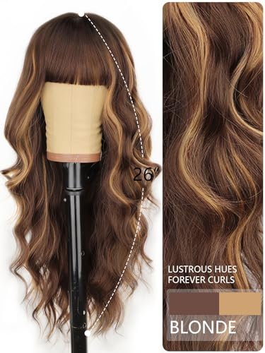 Long Wavy Synthetic Wig for Women - Chocolate Brown with Highlights and Bangs, 26 Inch