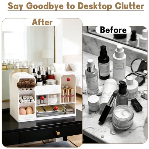 Makeup Organizer for Vanity with Brush Holder, Large Cosmetic & Skincare Organizer Countertop with Muti-Drawers, Cosmetic Display Case for Lipsticks, Nail Polishes, Perfumes, Eyeshadow (white)