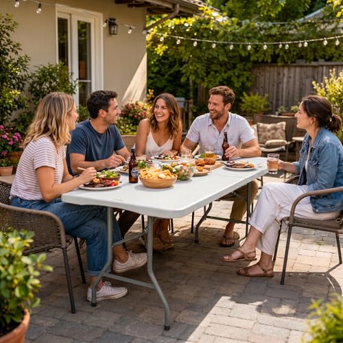 Heavy Duty 8ft Folding Outdoor Dining Table - Portable White Plastic with Steel Legs