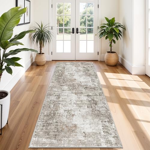 4x10 ft Beige Grey Abstract Non-Slip Washable Rug - Wide Floor Runner for Hallway & Living Room