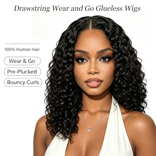 Natural Black 16-Inch Curly Water Wave Human Hair Glueless Bob Wig - 2x6 HD Lace