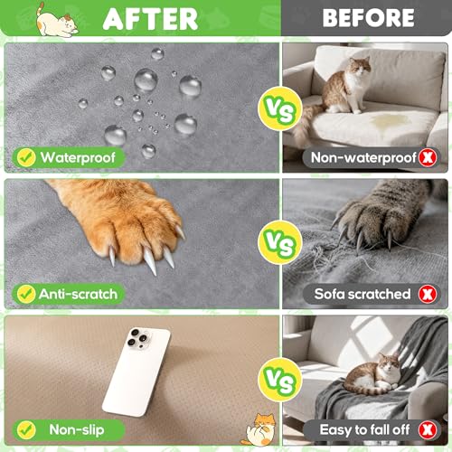 Waterproof Cat Scratch Couch Cover - Large Gray 150x91 Inches with Non-Slip Design