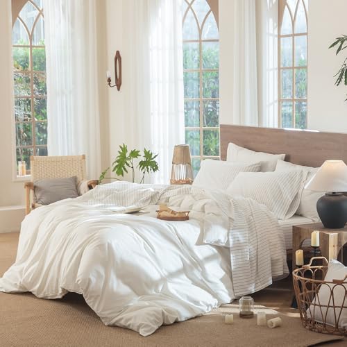 MooMee King Striped Washed Cotton Linen-Like Bed Sheet Set - Wide White & Tannish Grey