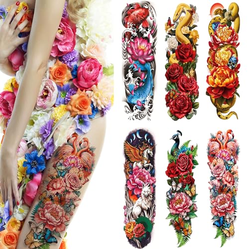 6 Sheets Full Arm Temporary Tattoos, Realistic Waterproof Floral Designs, Snake, Peony, Butterfly - Fake Tattoos Sleeve for Halloween, Cosplay, Party Decorations