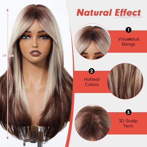 Allbell Blonde Brown Ombre Long Straight Wig with Bangs for Women - 24 Inch, Heat-Resistant Synthetic Hair