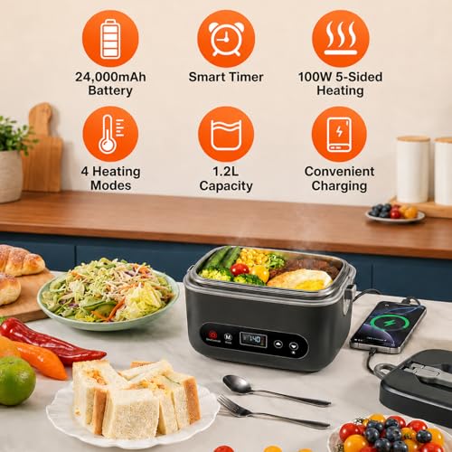 Dark Gray 1.2L Self-Heating Lunch Box for Adults - Cordless Food Warmer