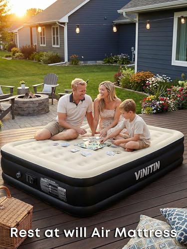 Vinitin Queen Air Mattress with Built-in Pump - Black, 16" Elevated Inflatable Bed for Home & Guests