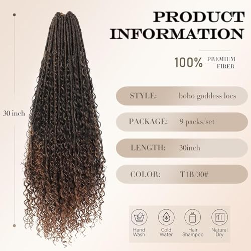Boho Goddess Locs Crochet Hair - 9 Packs, 30 Inch Ombre Brown Curly Faux Locs T1B/30#