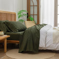 King Size Olive Green Cotton Linen Feel Sheet Set - Washed 100% Cotton, Deep Pocket