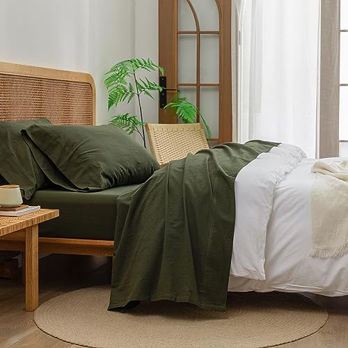 King Size Olive Green Cotton Linen Feel Sheet Set - Washed 100% Cotton, Deep Pocket