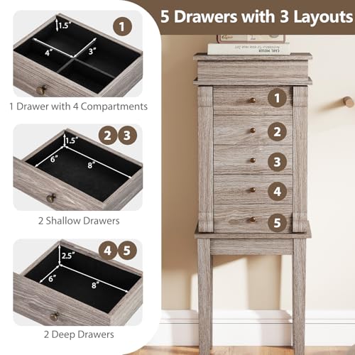 GIANTEX Standing Jewelry Cabinet with Flip Top Mirror & Light Gray Oak Finish