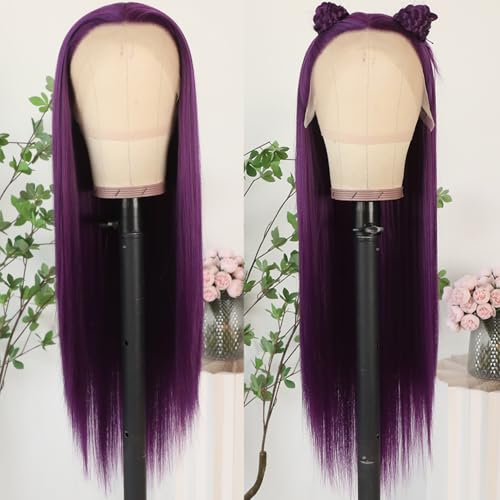 Lezaxiu Dark Purple Lace Front Wigs Long Straight Glueless Synthetic Heat-Resistant for Black Women - Pre Plucked, Ready to Wear, Natural Hairline, Variation #ADark Purple