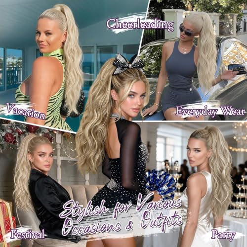 BARSDAR 25 Inch Platinum Blonde Synthetic Ponytail with Claw Clip & Drawstring - Soft Wavy Hair Extension