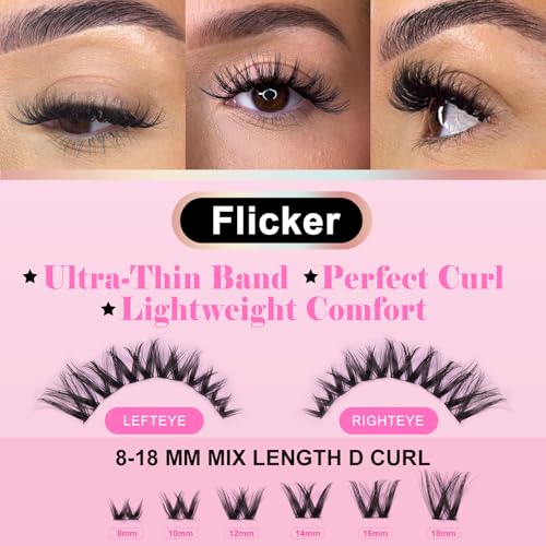 Flicker Ultra Thin Band Manga & SpikeyWhispy Lashes DlY Eyelash Extension Kit DCurl Individual Lashes Waterproof lash clusters and Long lasting Makeup For Girl